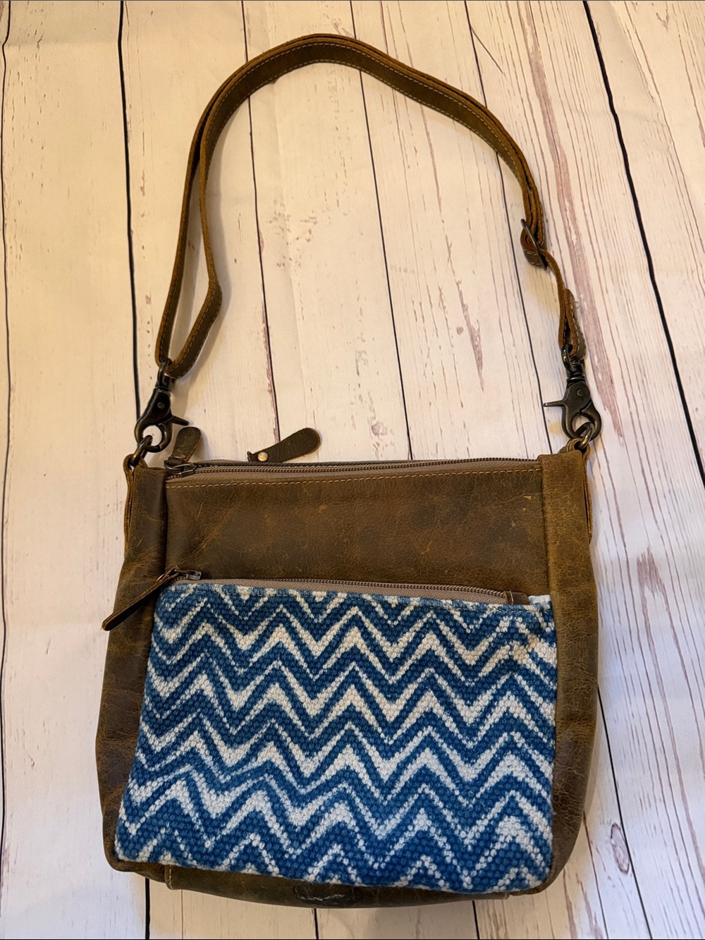 Myra Women's Brown Leather Crossbody with Blue Chevron Front Pocket